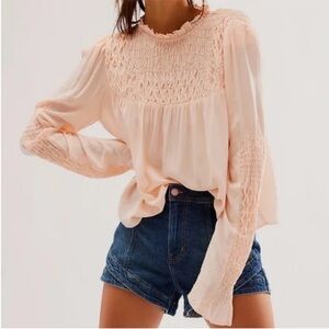 Free People Medium Top Smocked In Time Top in Pink Rose long sleeve mock neck
